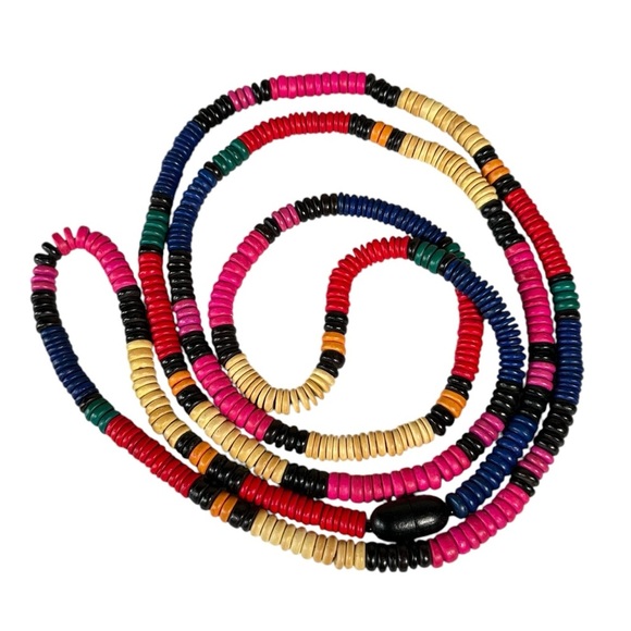 VINTAGE Long African Hand-Made Wood Beaded Necklace - Picture 1 of 7